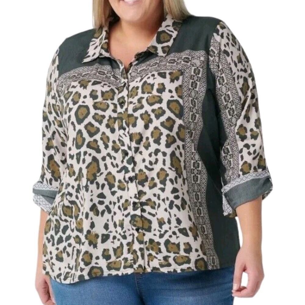 Tolani Collection button front long sleeve blouse green gray animal print
